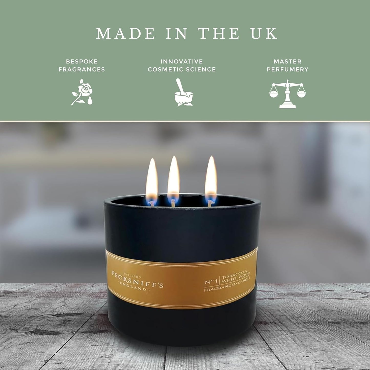 Pecksniffs Tobacco & White Wood Candle | 3 Wicks, 515g /18.16oz