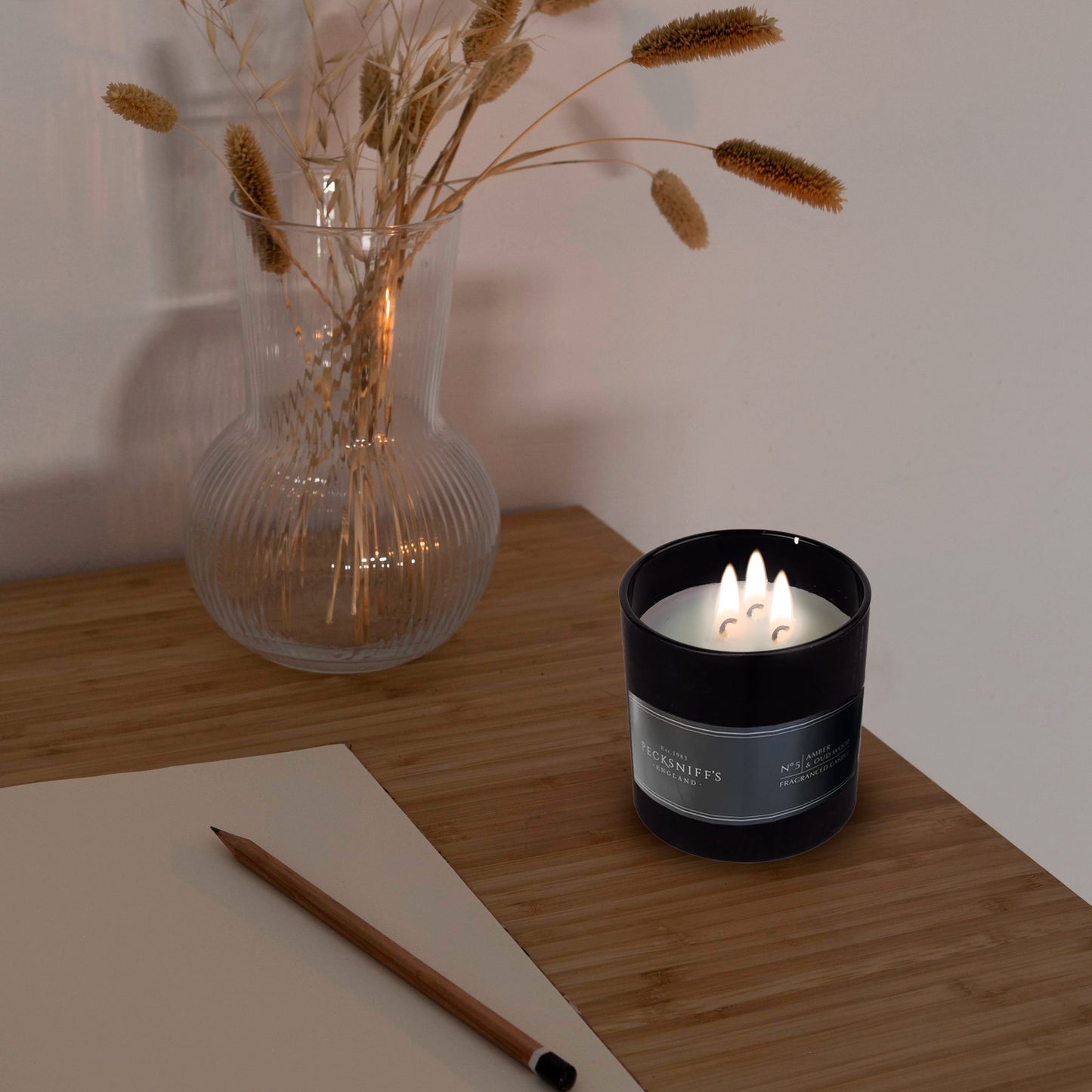 Pecksniffs Luxurious Black Tall Amber & Oud Wood Scented Candle | 3 Wicks, 283g/9.9oz