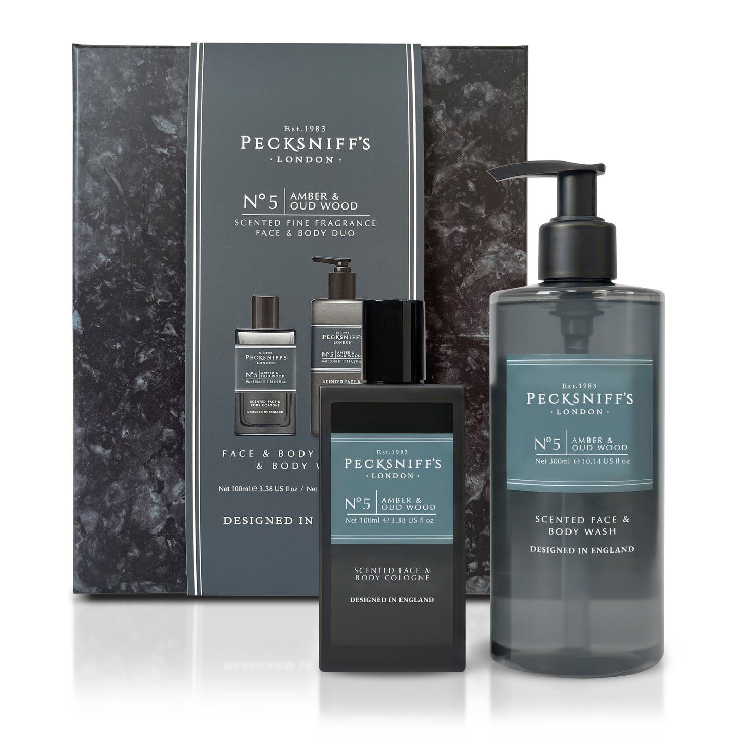 Pecksniff's Face & Body Duo Amber & Oud Wood – Men’s Grooming Gift Set with 100ml Face & Body Cologne and 250ml Body Wash – Luxury Fragrance Collection, Made in England