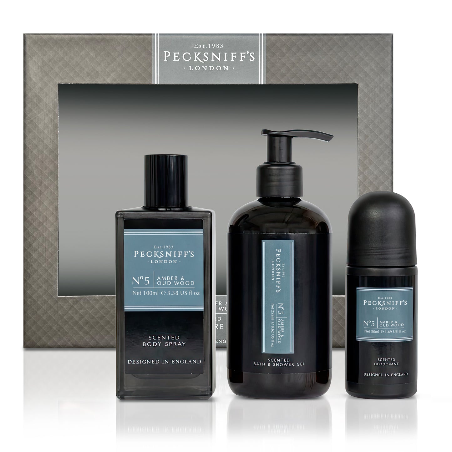 Pecksniff’s Men’s Essentials Body Trio Gift Set – Amber & Oud Wood – Bath & Shower Gel 250ml, Body Spray 100ml, Deodorant 50ml