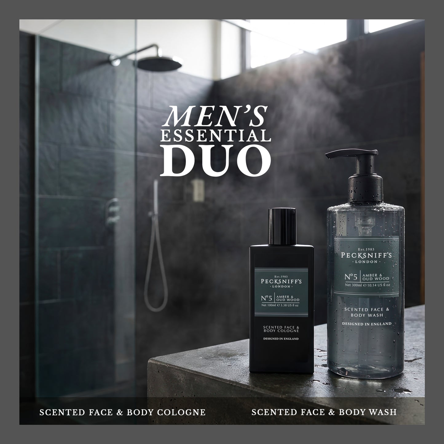 Pecksniff's Face & Body Duo Amber & Oud Wood – Men’s Grooming Gift Set with 100ml Face & Body Cologne and 250ml Body Wash – Luxury Fragrance Collection, Made in England