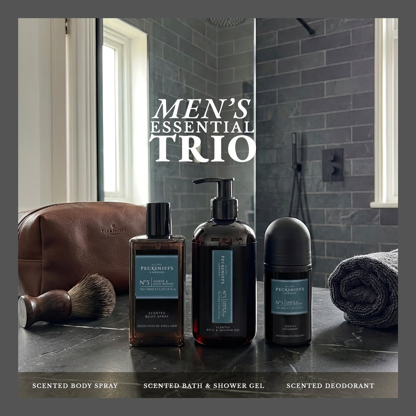 Pecksniff’s Men’s Essentials Body Trio Gift Set – Amber & Oud Wood – Bath & Shower Gel 250ml, Body Spray 100ml, Deodorant 50ml