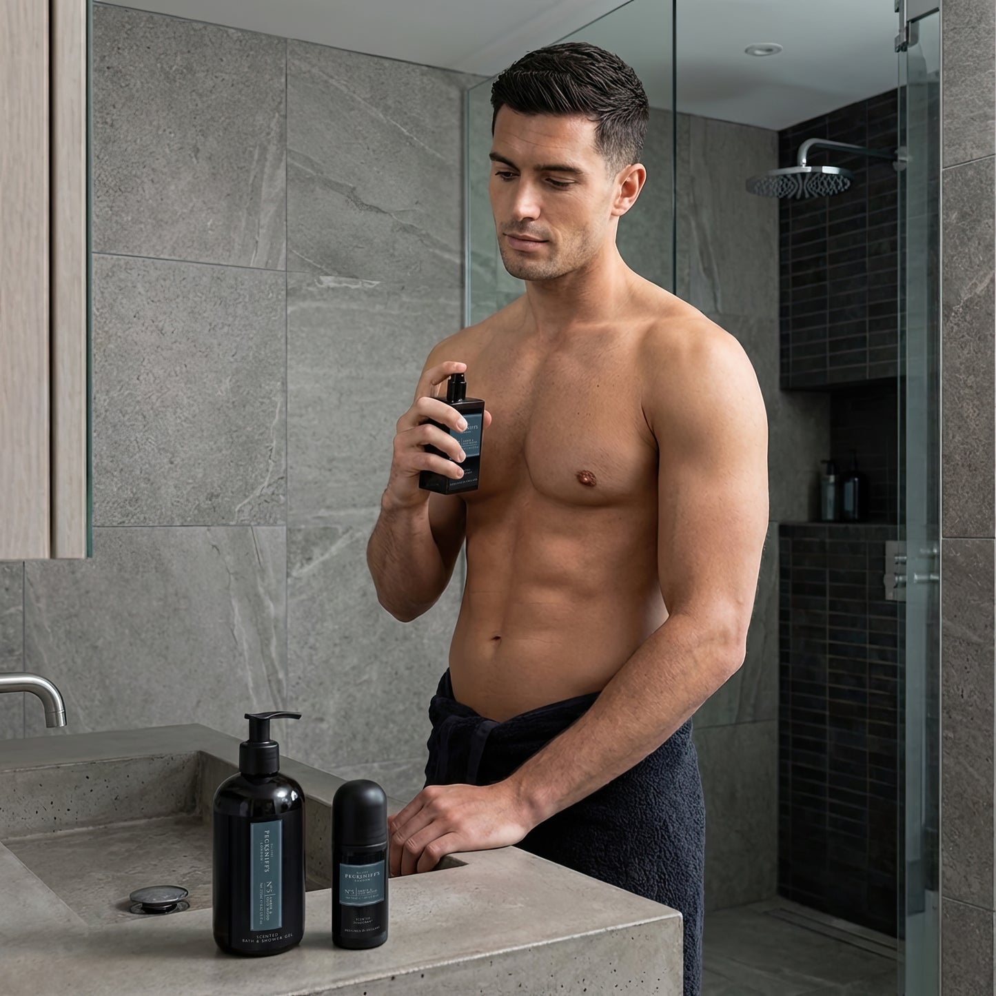 Pecksniff’s Men’s Essentials Body Trio Gift Set – Amber & Oud Wood – Bath & Shower Gel 250ml, Body Spray 100ml, Deodorant 50ml