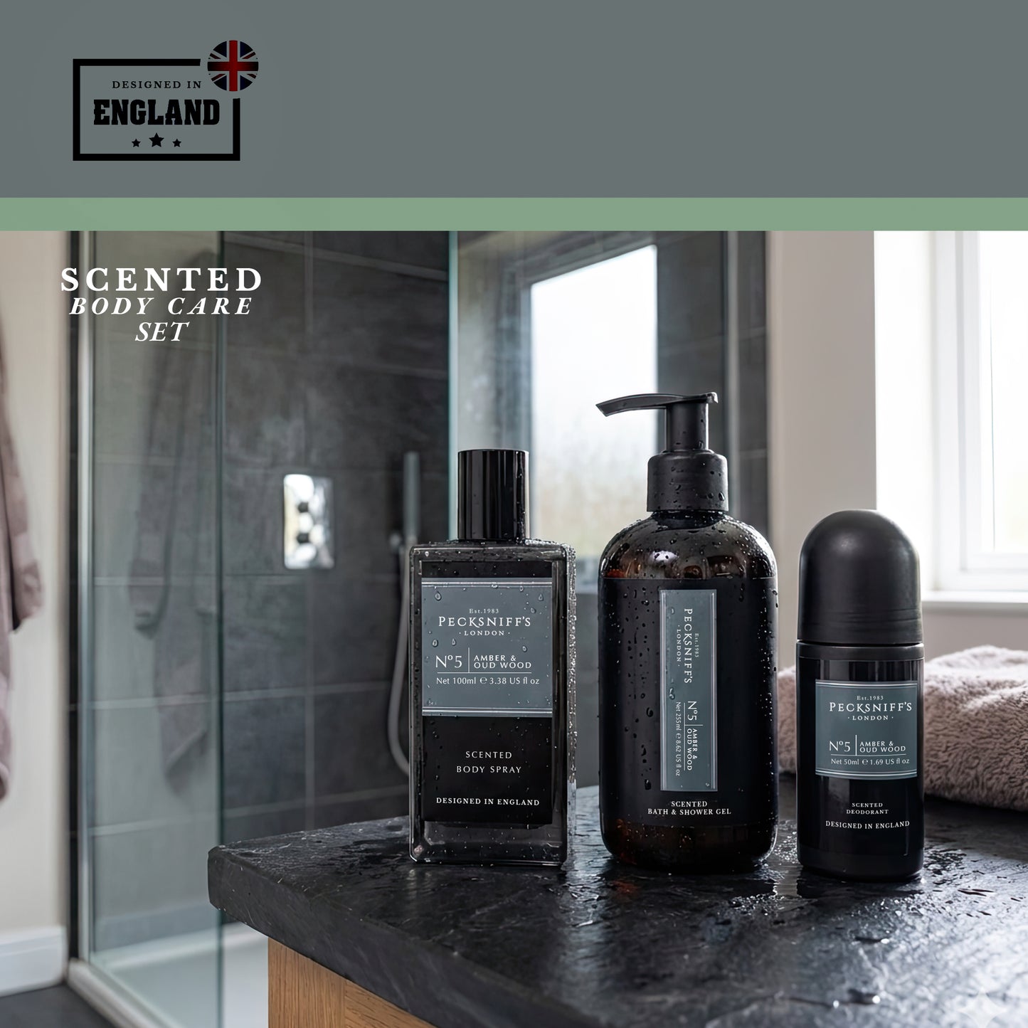 Pecksniff’s Men’s Essentials Body Trio Gift Set – Amber & Oud Wood – Bath & Shower Gel 250ml, Body Spray 100ml, Deodorant 50ml