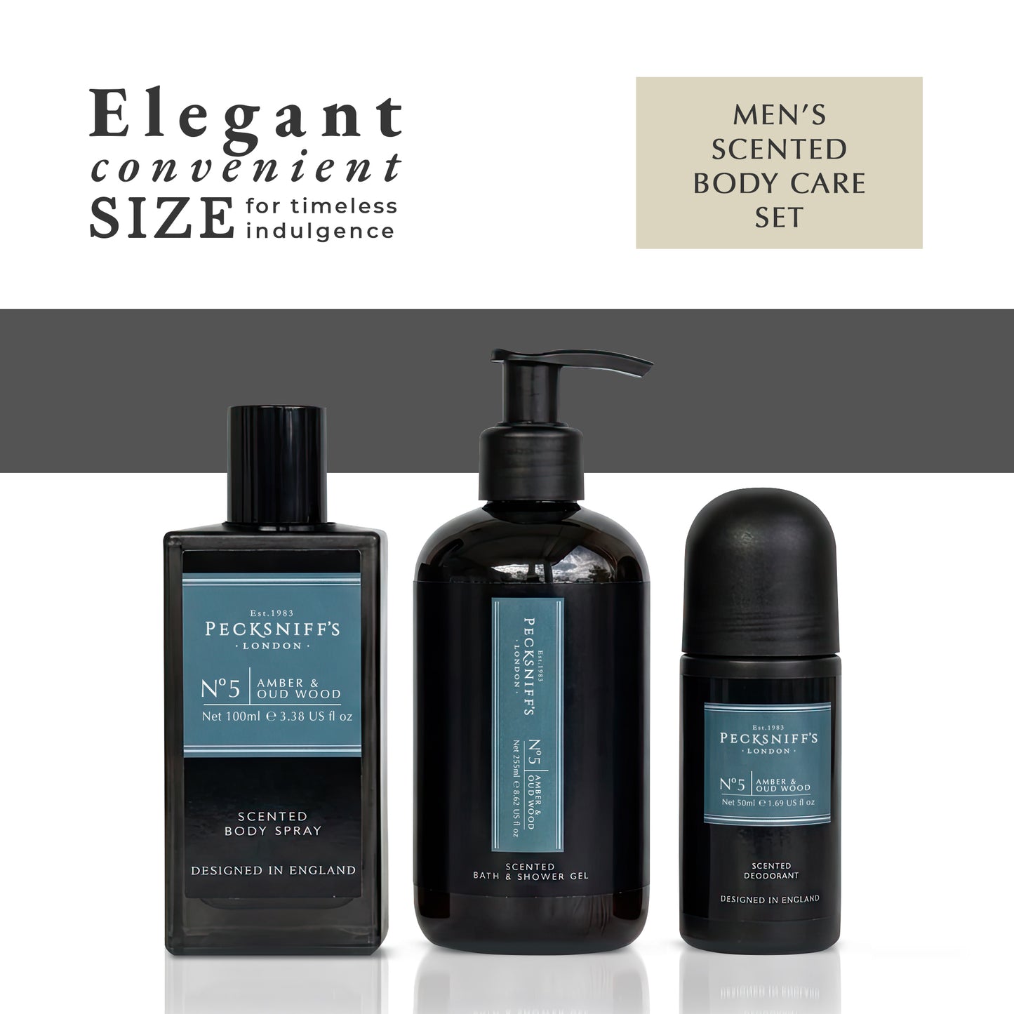 Pecksniff’s Men’s Essentials Body Trio Gift Set – Amber & Oud Wood – Bath & Shower Gel 250ml, Body Spray 100ml, Deodorant 50ml