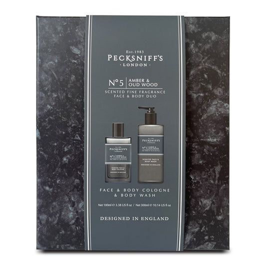 Pecksniff's Face & Body Duo Amber & Oud Wood – Men’s Grooming Gift Set with 100ml Face & Body Cologne and 250ml Body Wash – Luxury Fragrance Collection, Made in England