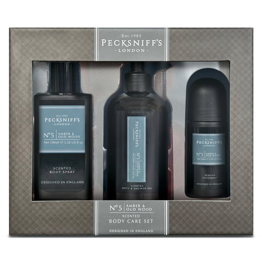 Pecksniff’s Men’s Essentials Body Trio Gift Set – Amber & Oud Wood – Bath & Shower Gel 250ml, Body Spray 100ml, Deodorant 50ml
