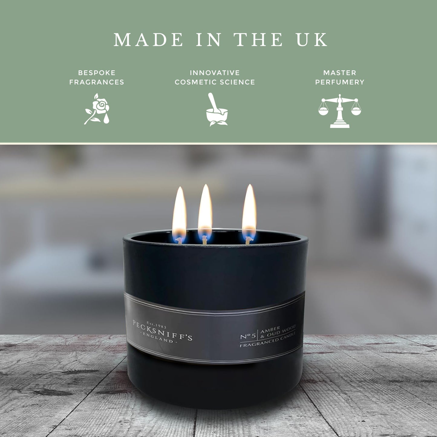 Pecksniffs Luxurious Black Tall Amber & Oud Wood Scented Candle | 3 Wicks, 283g/9.9oz