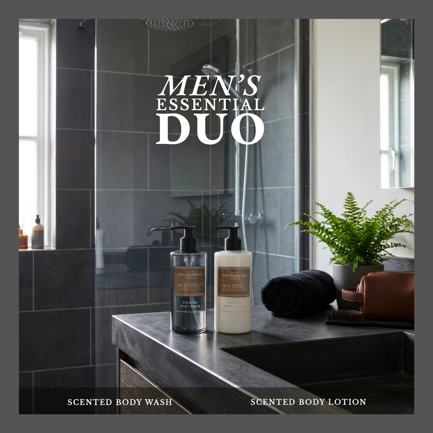 Pecksniffs Men's Bathing Duo Collection – Bamboo & Vetiver Scented Body Wash and Body Lotion Gift Set, 2 x 250ml