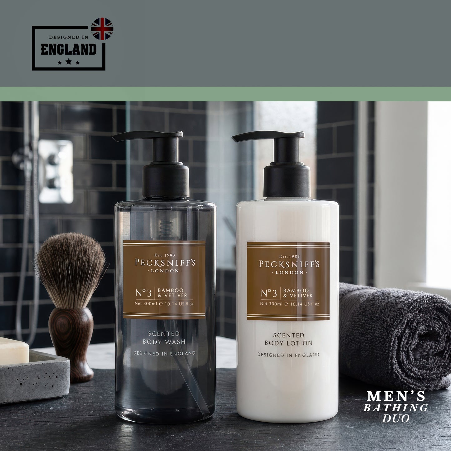 Pecksniffs Men's Bathing Duo Collection – Bamboo & Vetiver Scented Body Wash and Body Lotion Gift Set, 2 x 250ml