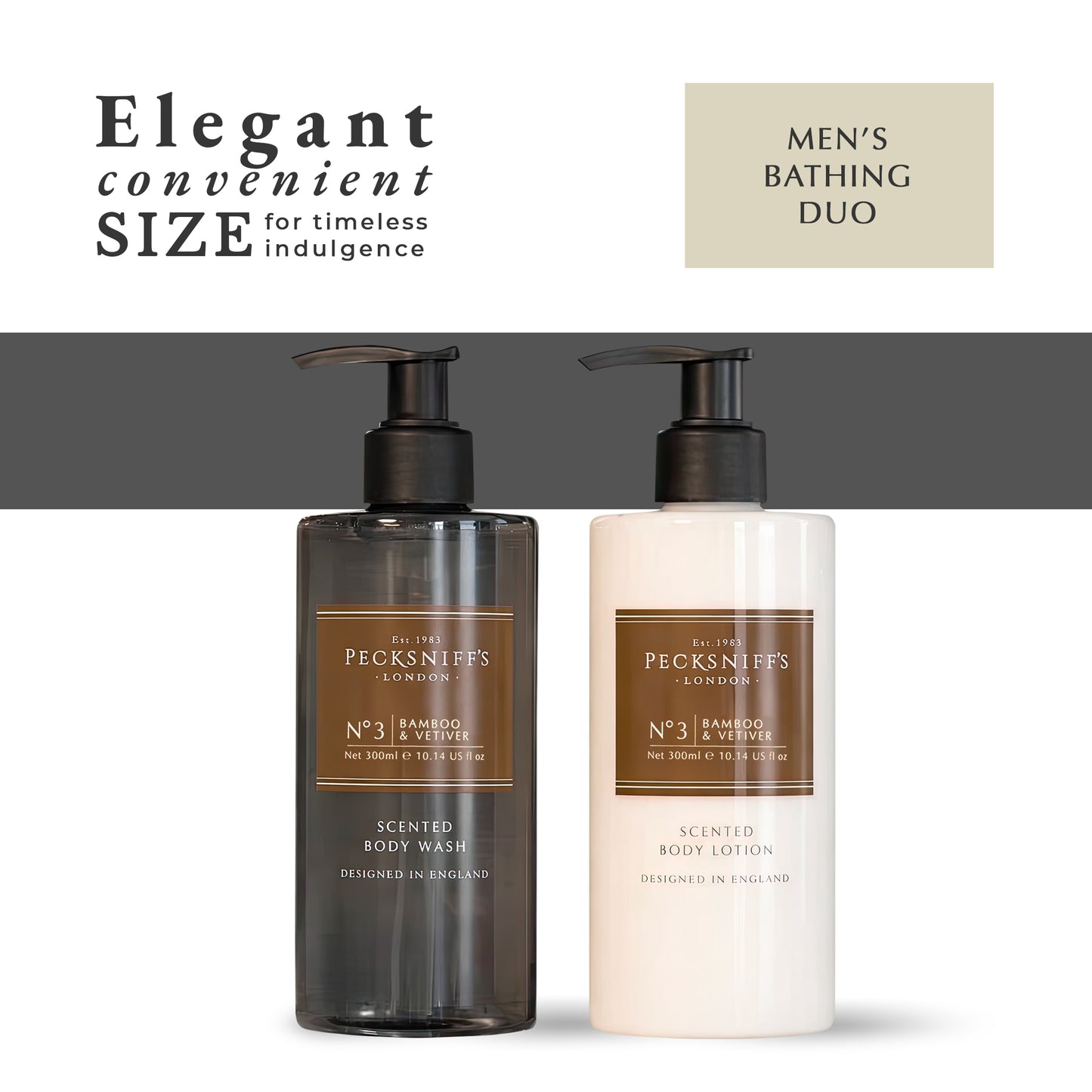 Pecksniffs Men's Bathing Duo Collection – Bamboo & Vetiver Scented Body Wash and Body Lotion Gift Set, 2 x 250ml