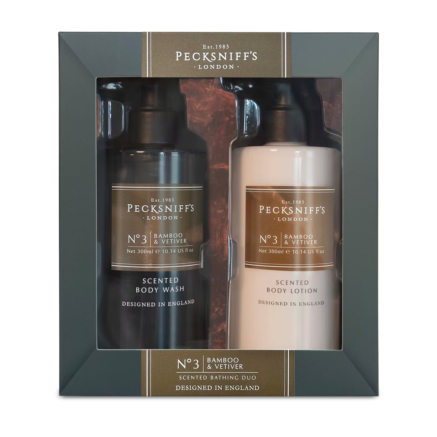 Pecksniffs Men's Bathing Duo Collection – Bamboo & Vetiver Scented Body Wash and Body Lotion Gift Set, 2 x 250ml