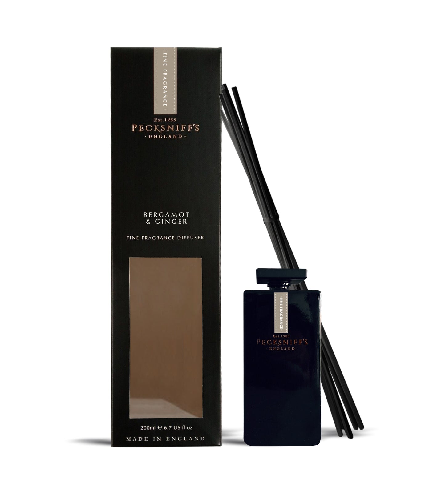 Pecksniff's Bergamot and Ginger Black Square Diffuser | 200ml/6.76 Fl Oz