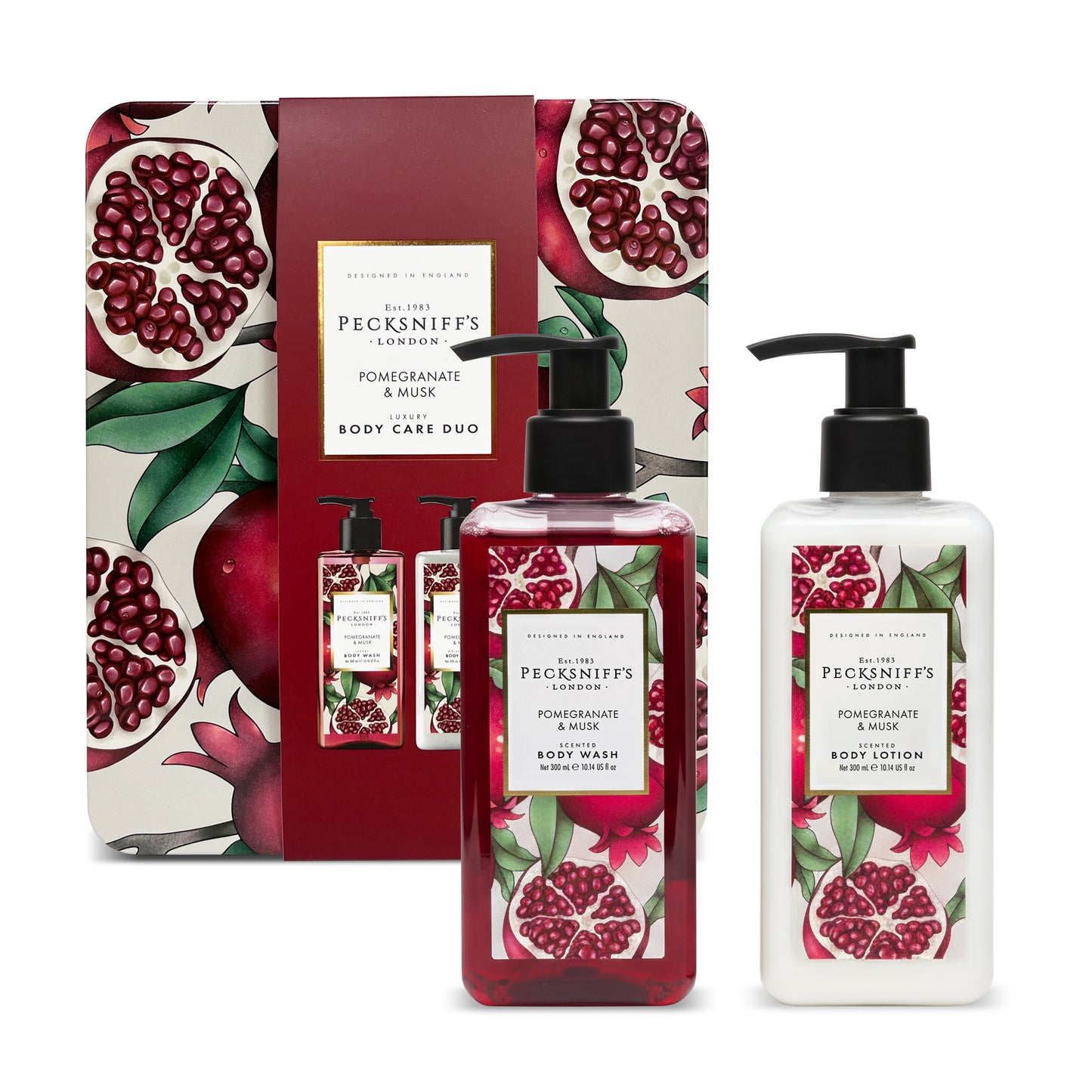 Pecksniff’s Body Care Duo Tin Box – Enchanted Pomegranate & Musk 300ml Body Wash and 300ml Body Lotion Gift Set, Luxury Skincare Collection with Reusable Tin, Hydrating & Nourishing Daily Care
