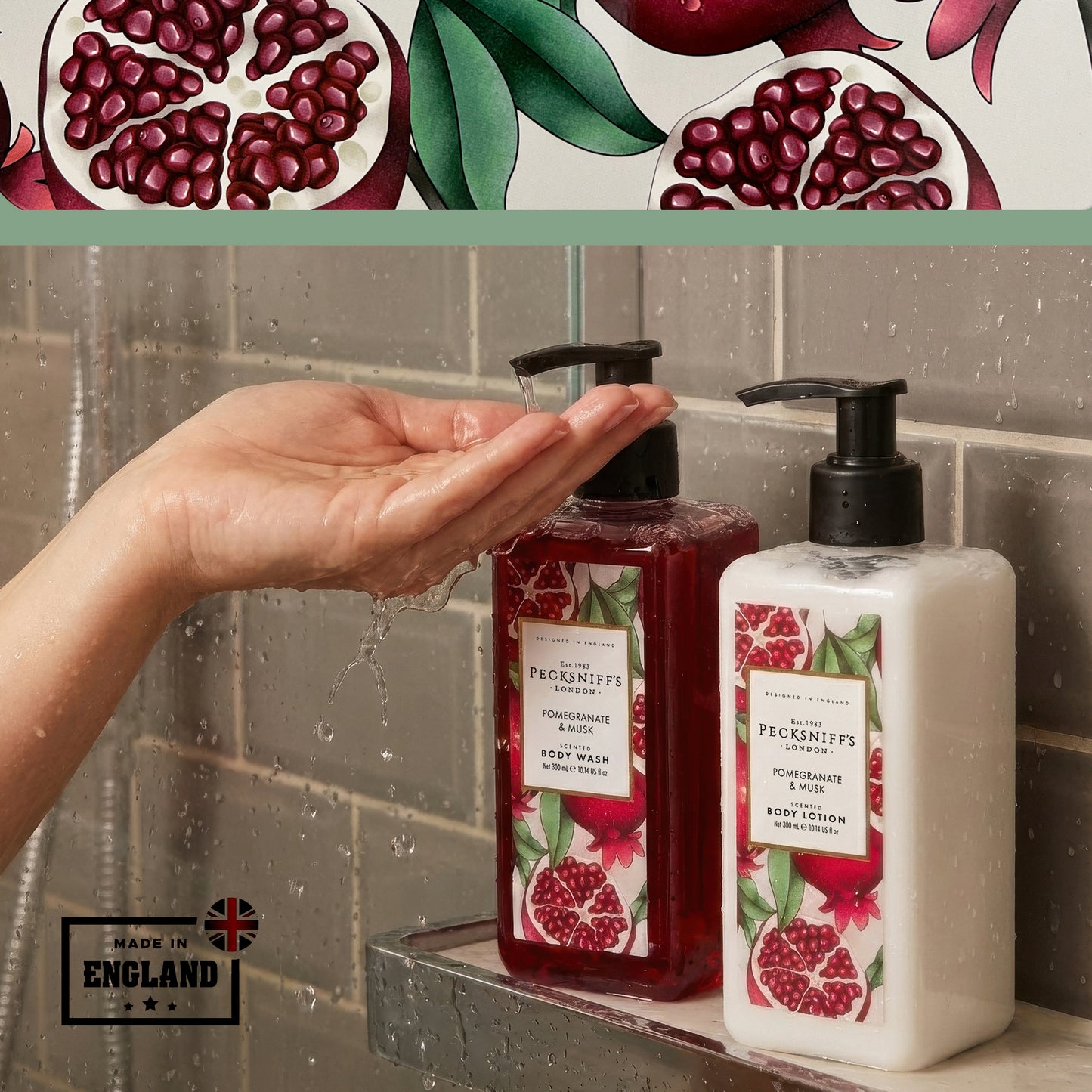 Pecksniff’s Body Care Duo Tin Box – Enchanted Pomegranate & Musk 300ml Body Wash and 300ml Body Lotion Gift Set, Luxury Skincare Collection with Reusable Tin, Hydrating & Nourishing Daily Care
