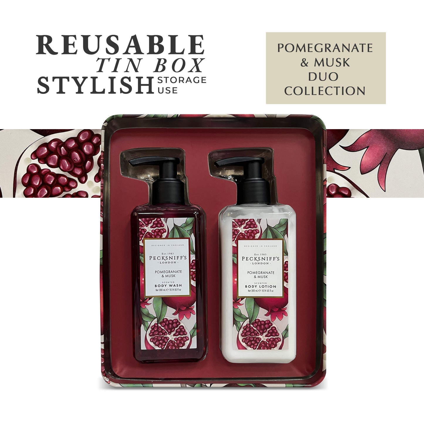 Pecksniff’s Body Care Duo Tin Box – Enchanted Pomegranate & Musk 300ml Body Wash and 300ml Body Lotion Gift Set, Luxury Skincare Collection with Reusable Tin, Hydrating & Nourishing Daily Care