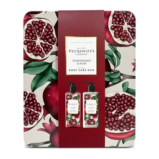 Pecksniff’s Body Care Duo Tin Box – Enchanted Pomegranate & Musk 300ml Body Wash and 300ml Body Lotion Gift Set, Luxury Skincare Collection with Reusable Tin, Hydrating & Nourishing Daily Care