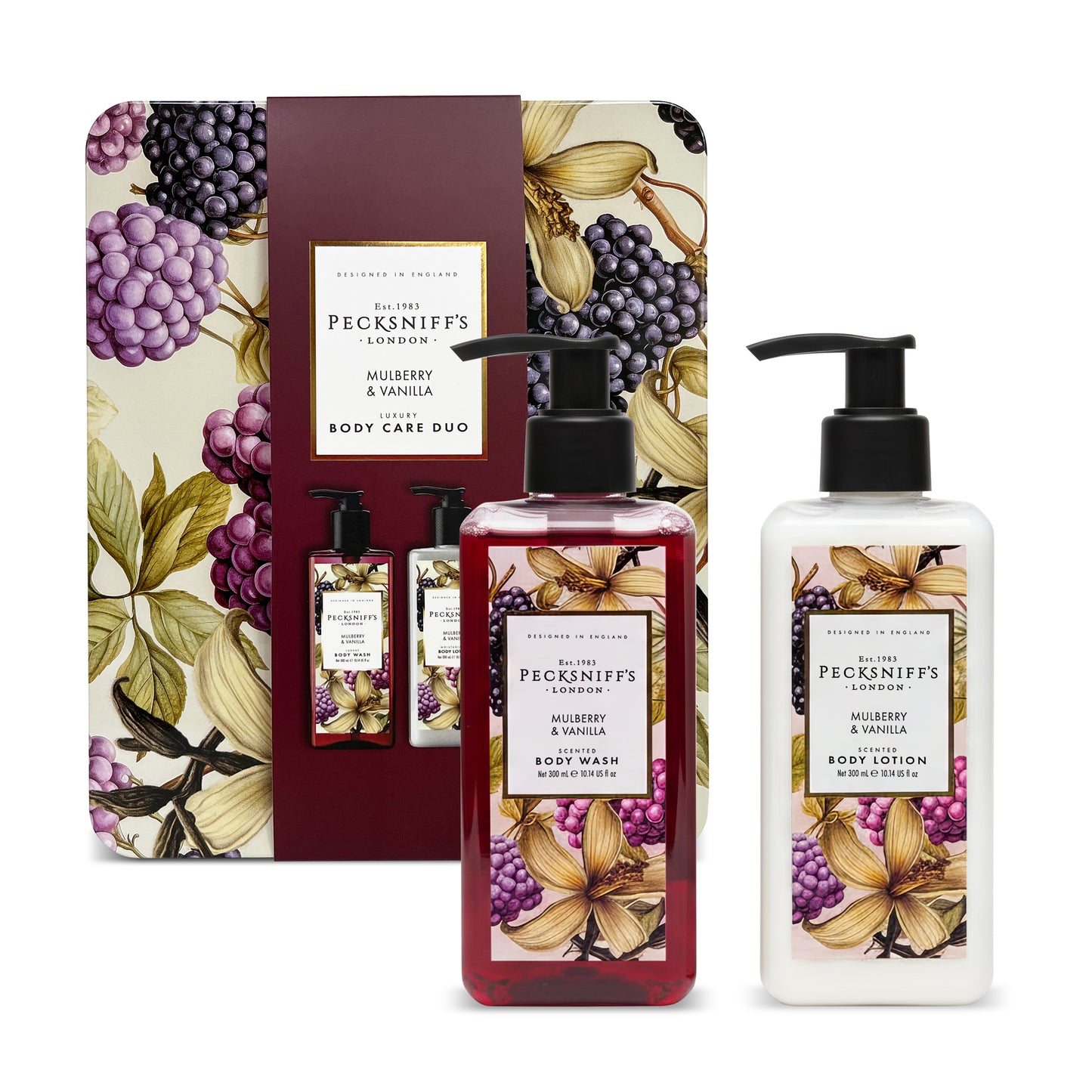 Pecksniff’s Body Care Duo Tin Box – Wildwood Mulberry & Vanilla 300ml Body Wash and 300ml Body Lotion Gift Set, Luxury Skincare Collection with Reusable Tin, Moisturizing & Nourishing for Daily Use