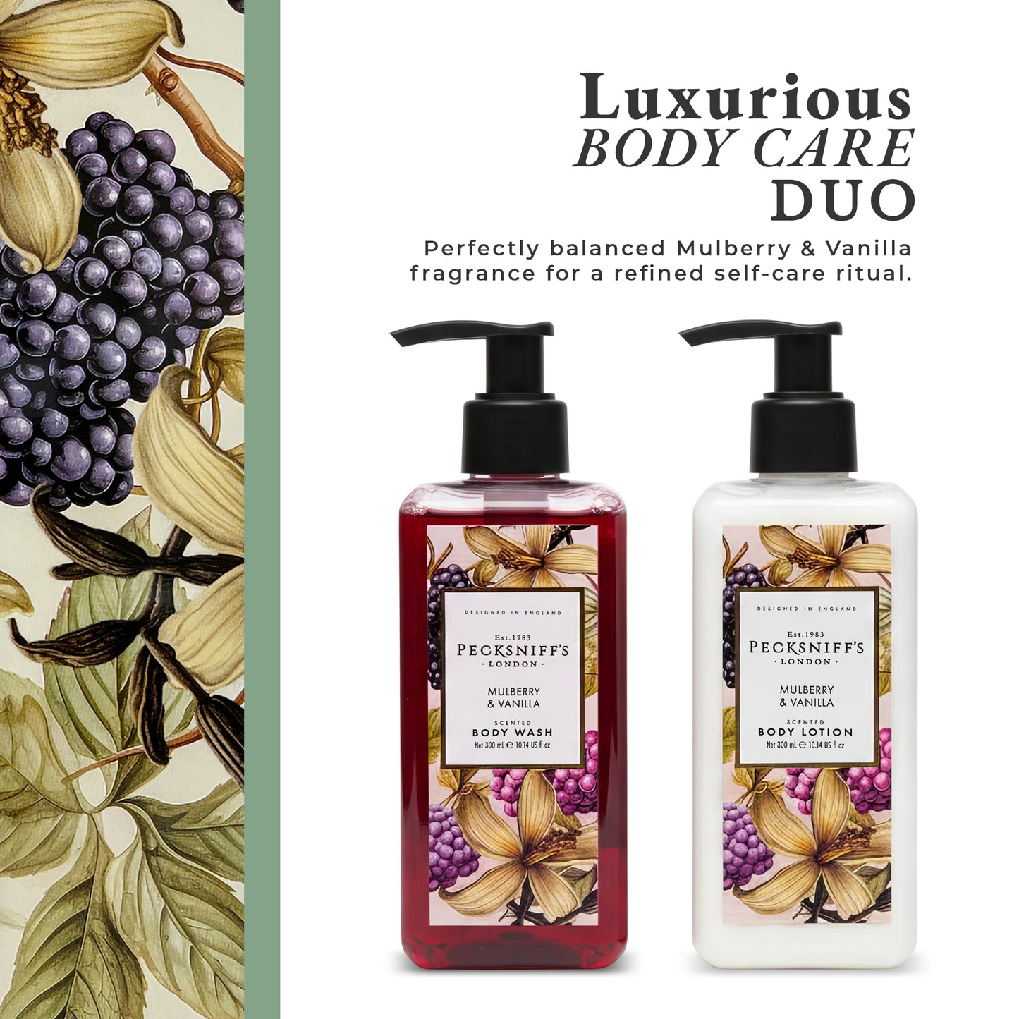 Pecksniff’s Body Care Duo Tin Box – Wildwood Mulberry & Vanilla 300ml Body Wash and 300ml Body Lotion Gift Set, Luxury Skincare Collection with Reusable Tin, Moisturizing & Nourishing for Daily Use