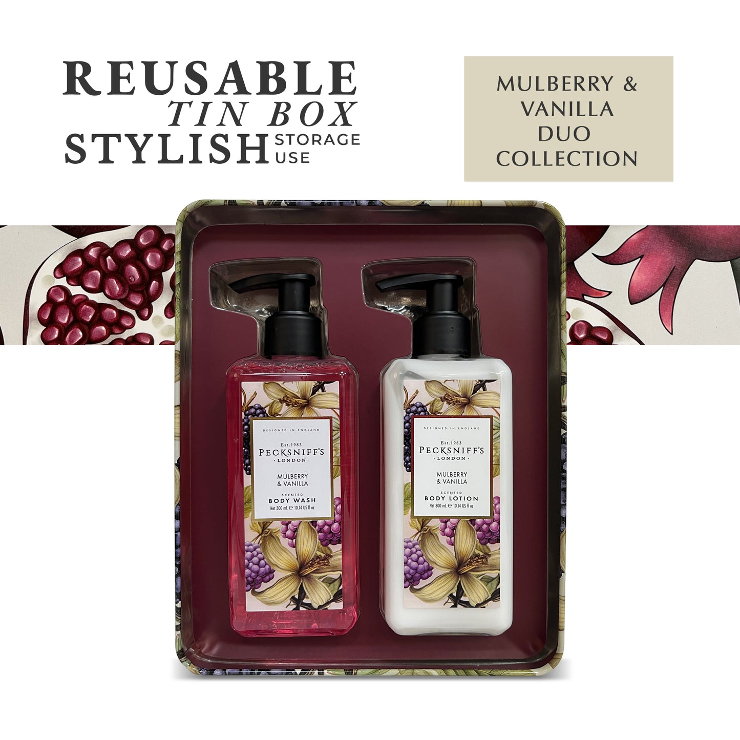 Pecksniff’s Body Care Duo Tin Box – Wildwood Mulberry & Vanilla 300ml Body Wash and 300ml Body Lotion Gift Set, Luxury Skincare Collection with Reusable Tin, Moisturizing & Nourishing for Daily Use