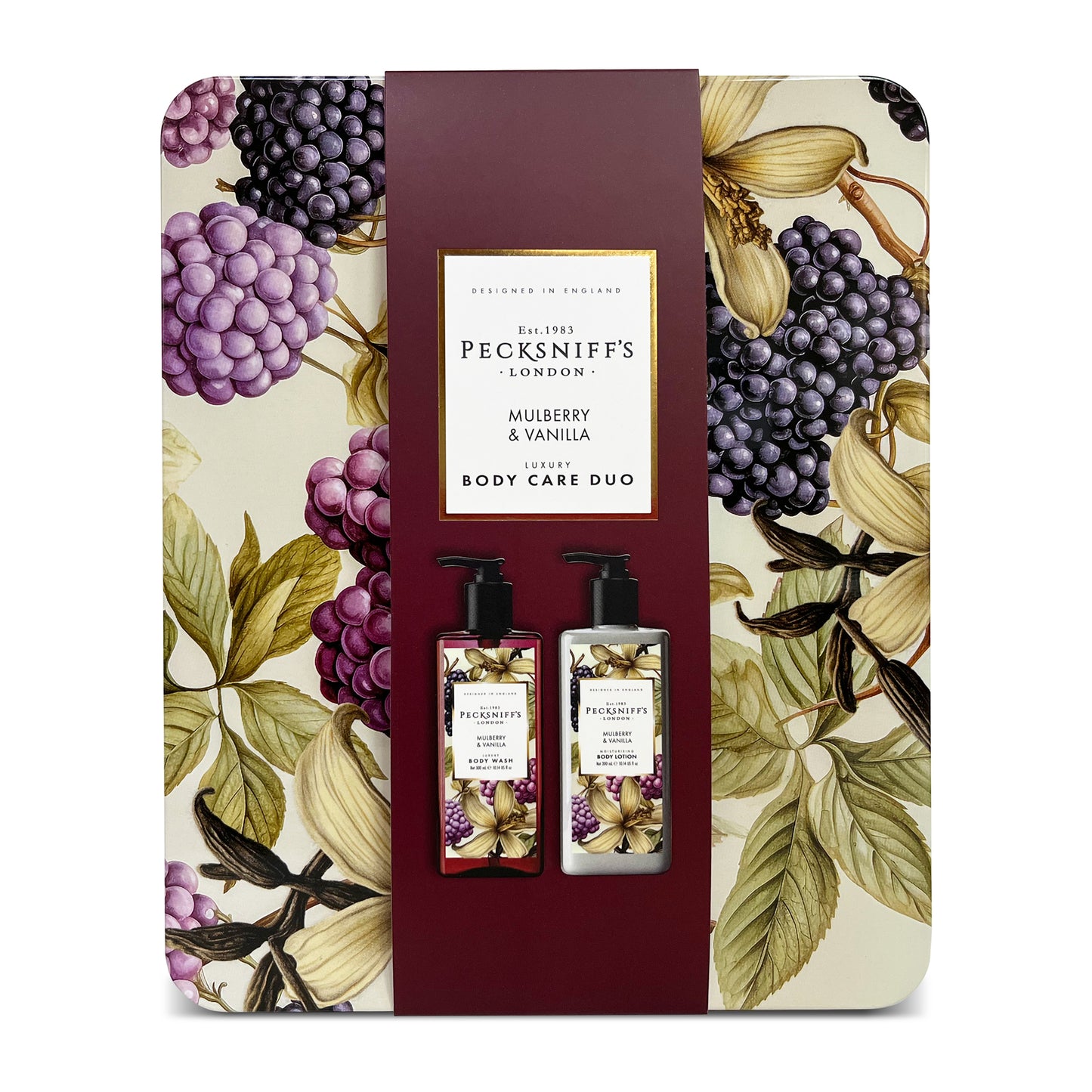 Pecksniff’s Body Care Duo Tin Box – Wildwood Mulberry & Vanilla 300ml Body Wash and 300ml Body Lotion Gift Set, Luxury Skincare Collection with Reusable Tin, Moisturizing & Nourishing for Daily Use