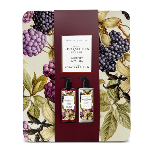 Pecksniff’s Body Care Duo Tin Box – Wildwood Mulberry & Vanilla 300ml Body Wash and 300ml Body Lotion Gift Set, Luxury Skincare Collection with Reusable Tin, Moisturizing & Nourishing for Daily Use