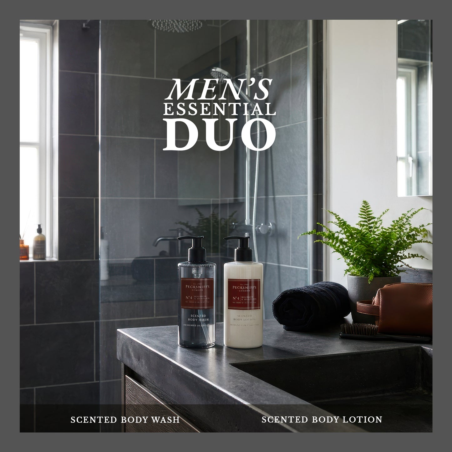 Pecksniffs Men's Bathing Duo Collection – Bourbon & Mandarin Scented Body Wash and Body Lotion Gift Set, 2 x 250ml