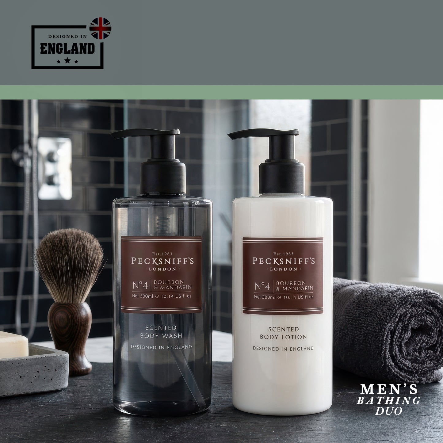 Pecksniffs Men's Bathing Duo Collection – Bourbon & Mandarin Scented Body Wash and Body Lotion Gift Set, 2 x 250ml