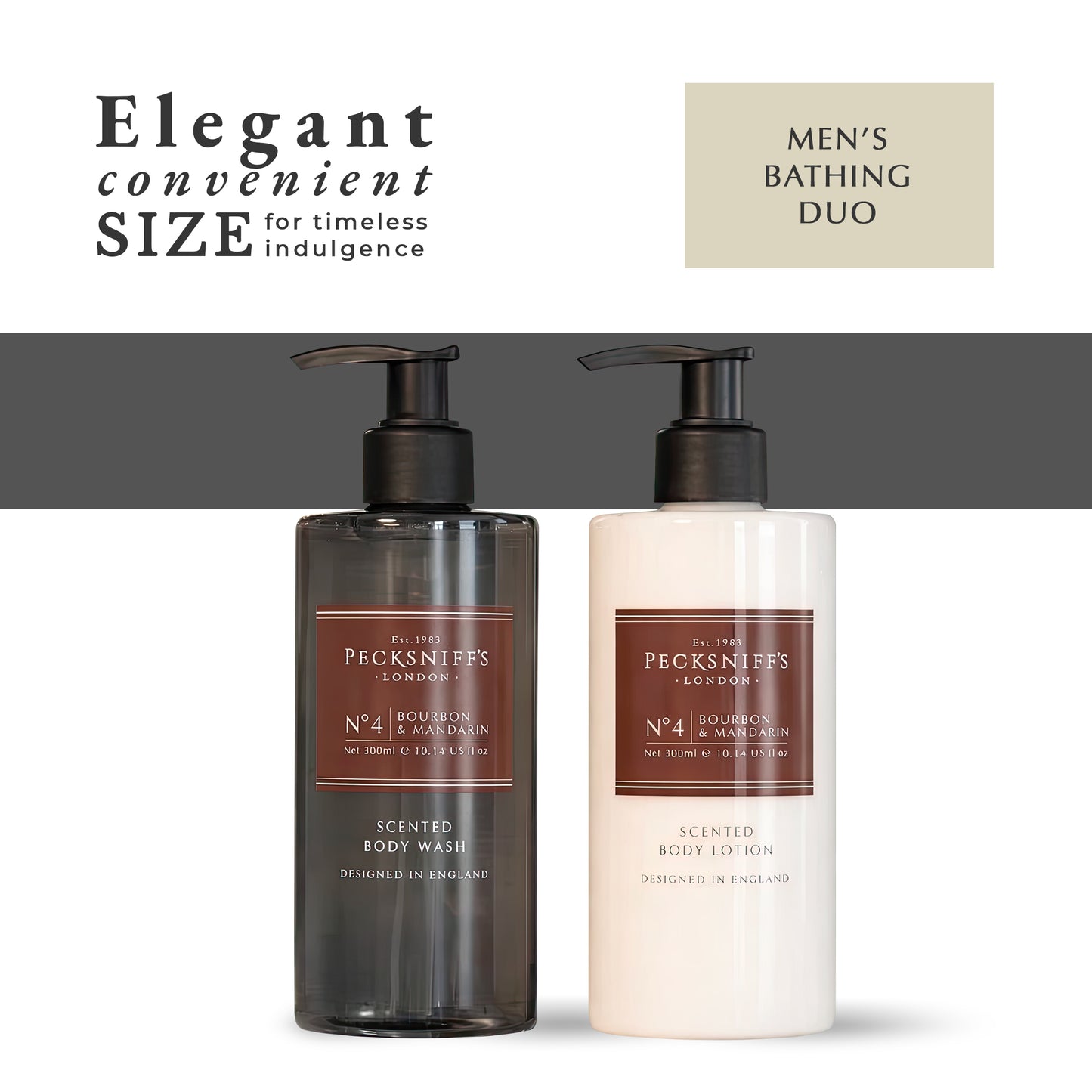 Pecksniffs Men's Bathing Duo Collection – Bourbon & Mandarin Scented Body Wash and Body Lotion Gift Set, 2 x 250ml
