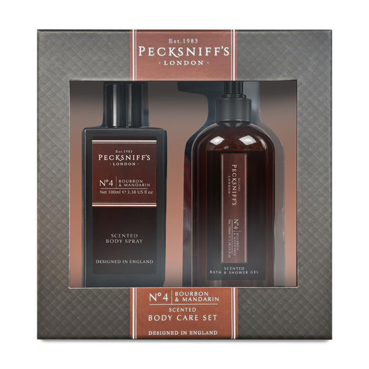 Pecksniff’s Men’s Body Duo Set – Bourbon & Mandarin Scented Bath & Shower Gel 250ml & Body Spray 100ml – Luxury Grooming Gift Set for Him