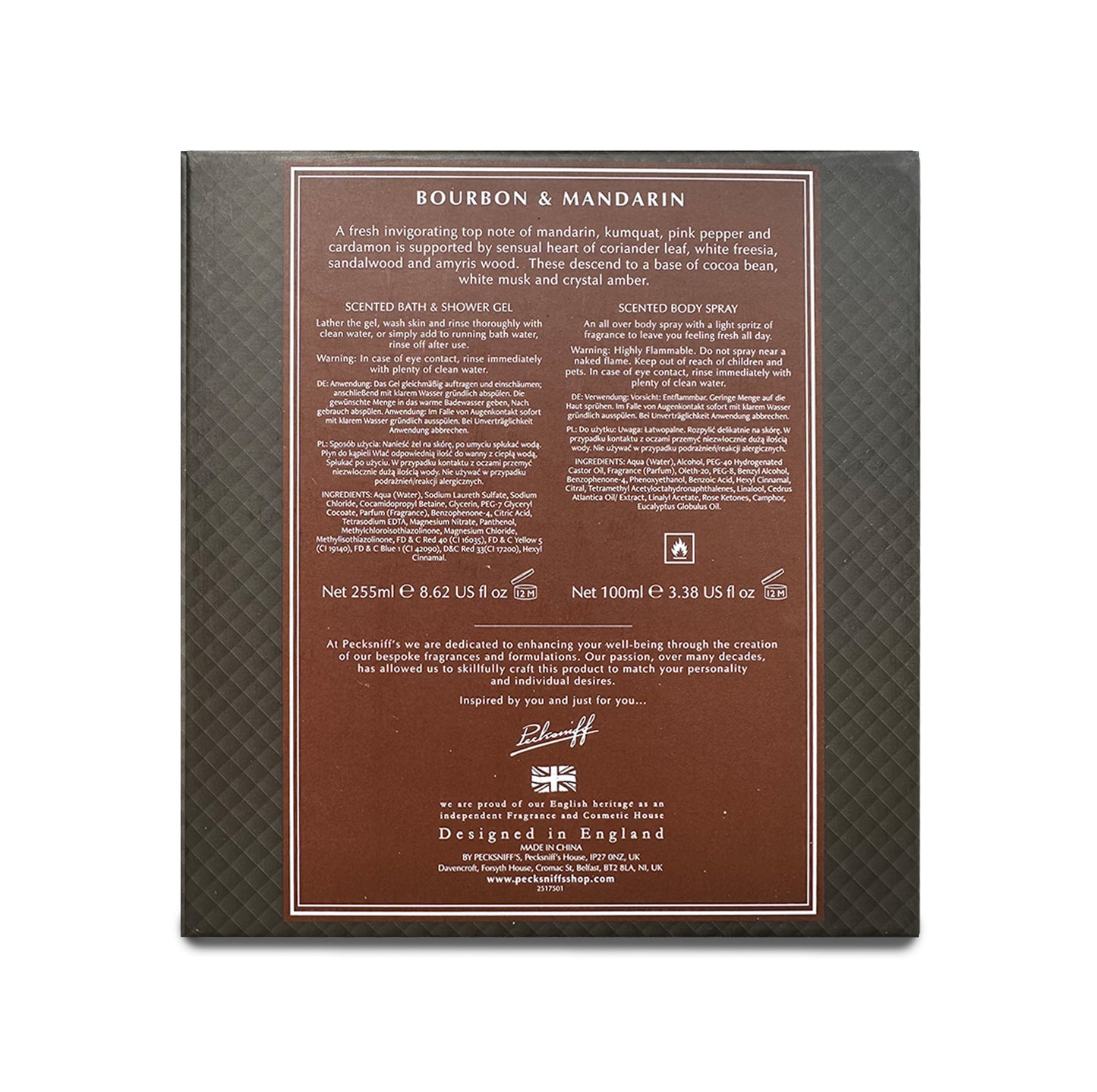 Pecksniff’s Men’s Body Duo Set – Bourbon & Mandarin Scented Bath & Shower Gel 250ml & Body Spray 100ml – Luxury Grooming Gift Set for Him