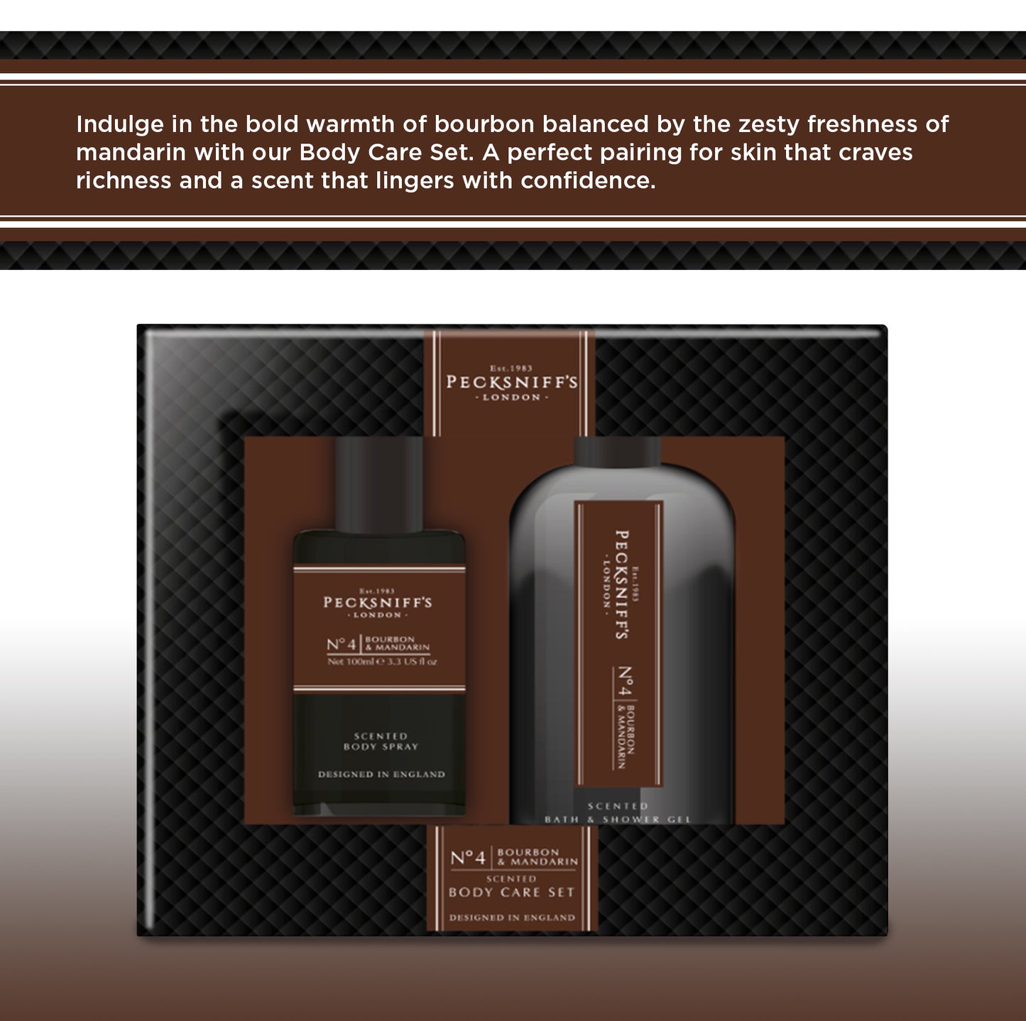 Pecksniff’s Men’s Body Duo Set – Bourbon & Mandarin Scented Bath & Shower Gel 250ml & Body Spray 100ml – Luxury Grooming Gift Set for Him
