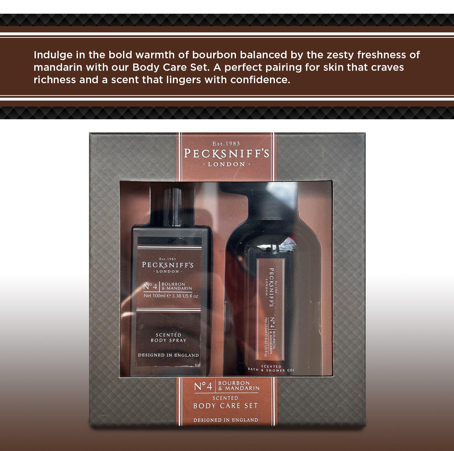 Pecksniff’s Men’s Body Duo Set – Bourbon & Mandarin Scented Bath & Shower Gel 250ml & Body Spray 100ml – Luxury Grooming Gift Set for Him
