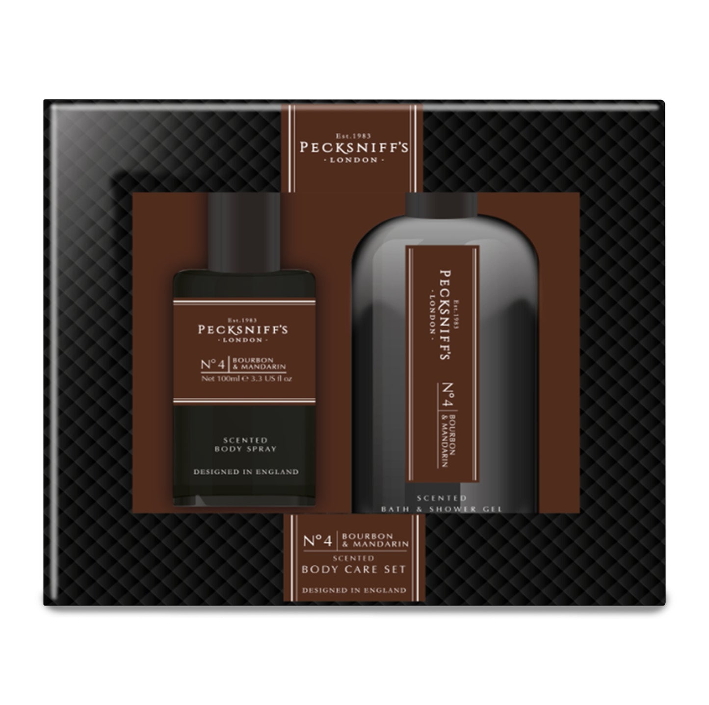 Pecksniff’s Men’s Body Duo Set – Bourbon & Mandarin Scented Bath & Shower Gel 250ml & Body Spray 100ml – Luxury Grooming Gift Set for Him