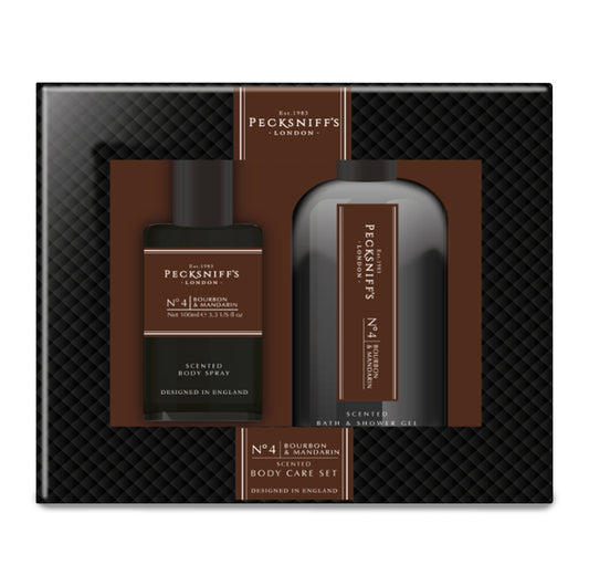 Pecksniff’s Men’s Body Duo Set – Bourbon & Mandarin Scented Bath & Shower Gel 250ml & Body Spray 100ml – Luxury Grooming Gift Set for Him