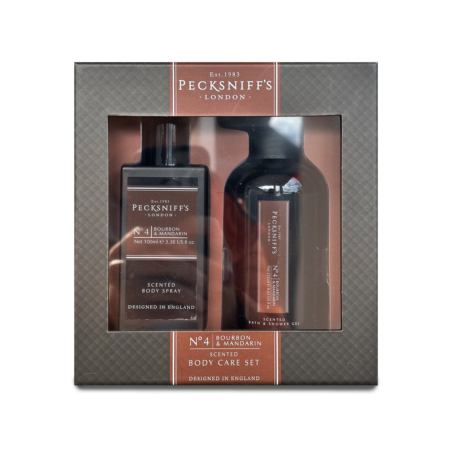 Pecksniff’s Men’s Body Duo Set – Bourbon & Mandarin Scented Bath & Shower Gel 250ml & Body Spray 100ml – Luxury Grooming Gift Set for Him