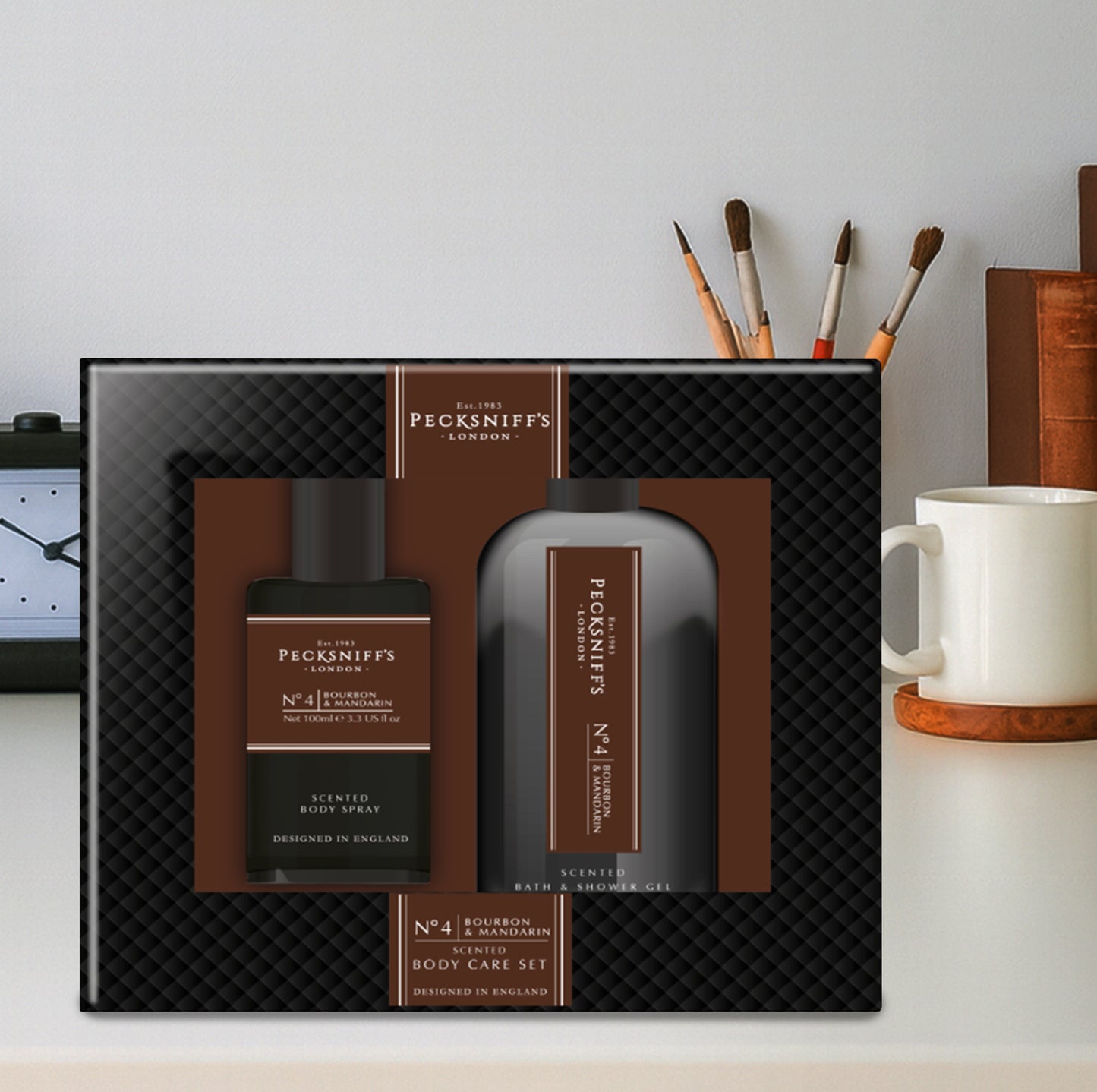 Pecksniff’s Men’s Body Duo Set – Bourbon & Mandarin Scented Bath & Shower Gel 250ml & Body Spray 100ml – Luxury Grooming Gift Set for Him