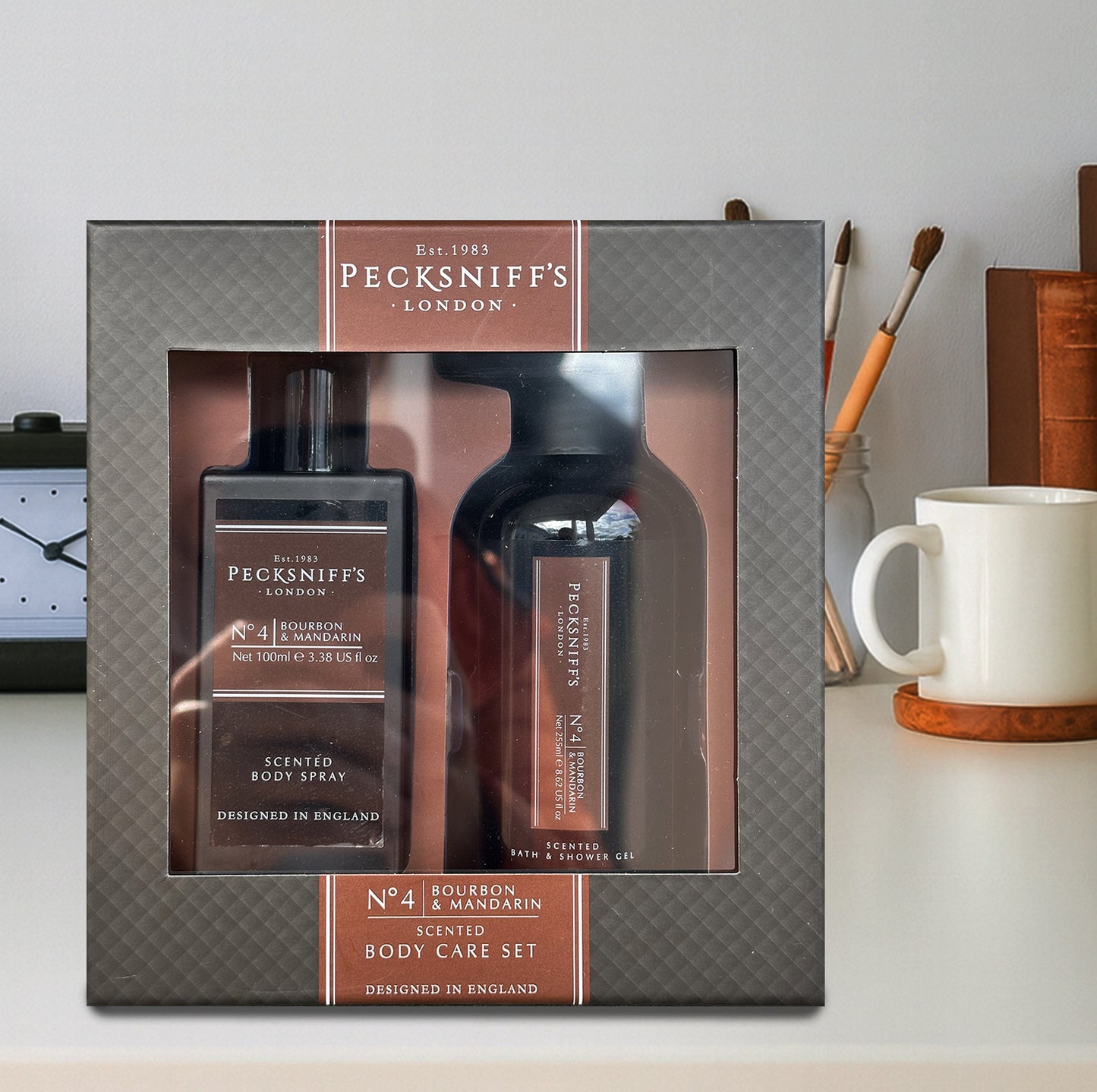 Pecksniff’s Men’s Body Duo Set – Bourbon & Mandarin Scented Bath & Shower Gel 250ml & Body Spray 100ml – Luxury Grooming Gift Set for Him