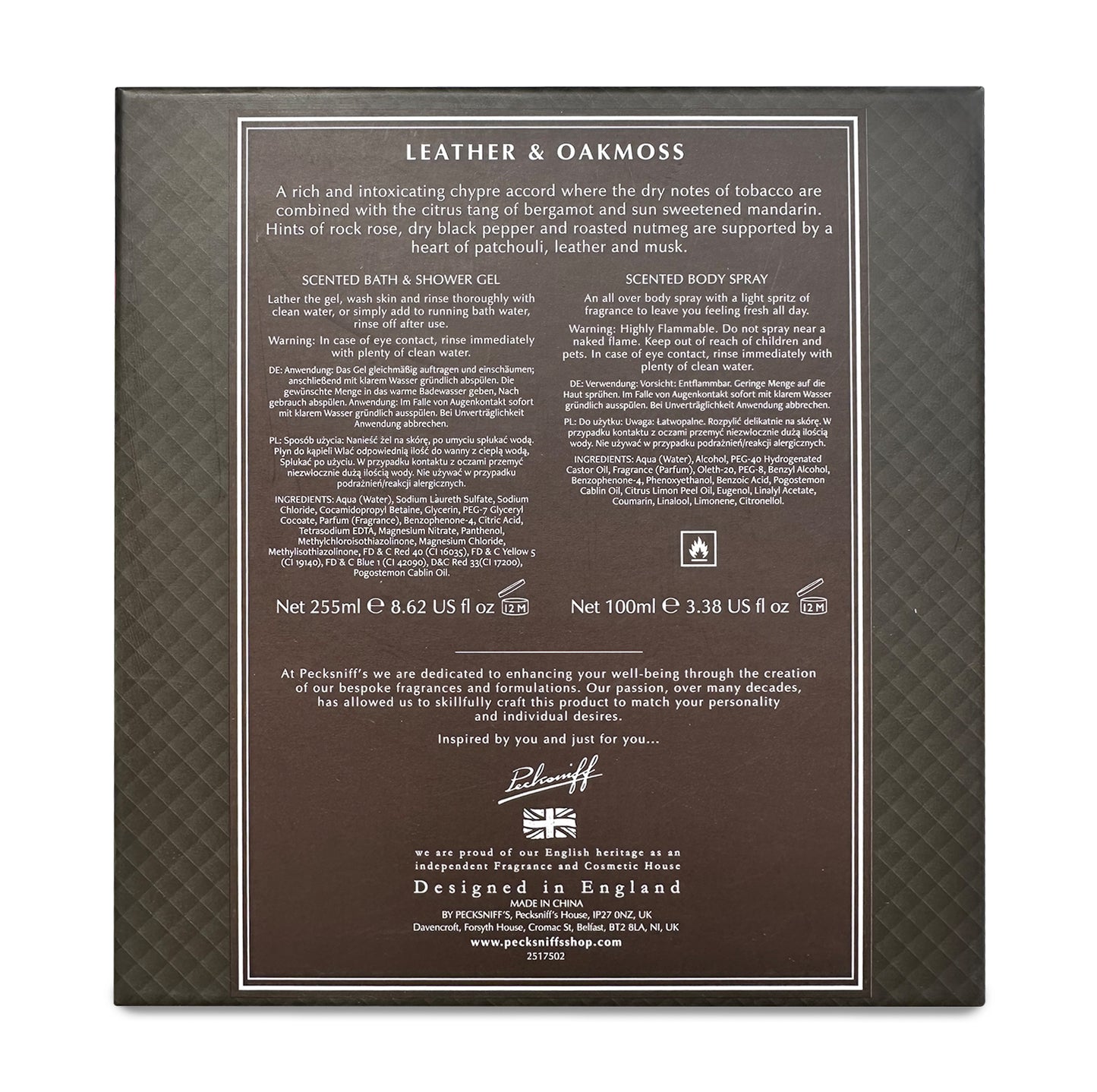 Pecksniff’s Men’s Body Duo Set – Leather & Oakmoss Scented Bath & Shower Gel 250ml & Body Spray 100ml – Luxury Grooming Gift Set for Him