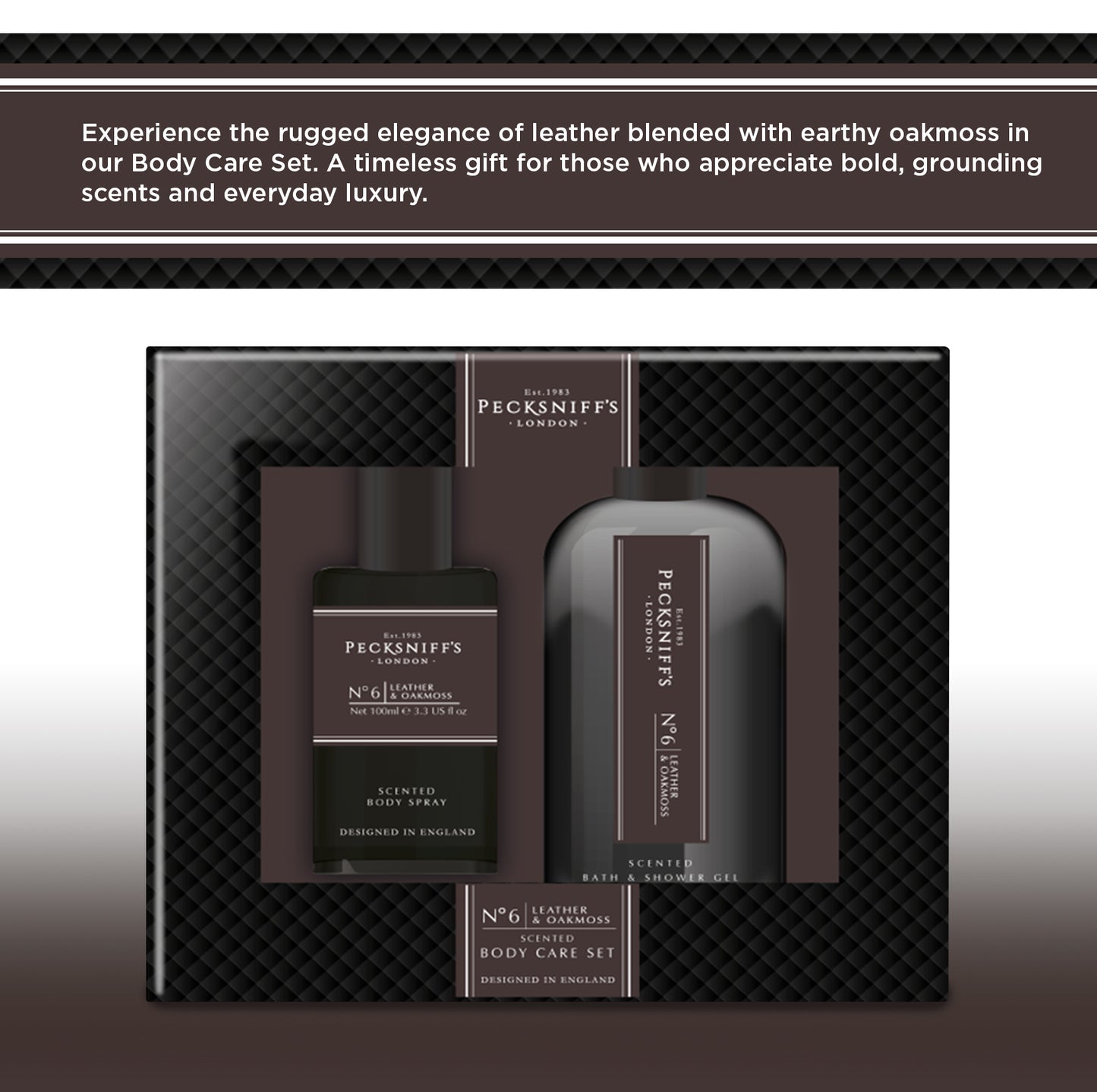 Pecksniff’s Men’s Body Duo Set – Leather & Oakmoss Scented Bath & Shower Gel 250ml & Body Spray 100ml – Luxury Grooming Gift Set for Him
