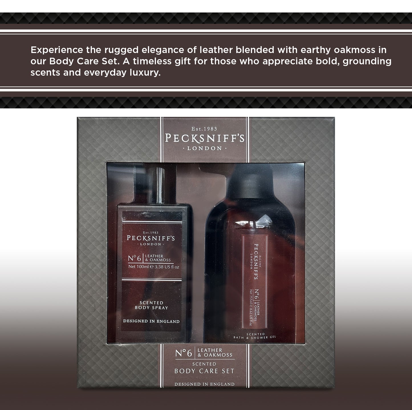Pecksniff’s Men’s Body Duo Set – Leather & Oakmoss Scented Bath & Shower Gel 250ml & Body Spray 100ml – Luxury Grooming Gift Set for Him