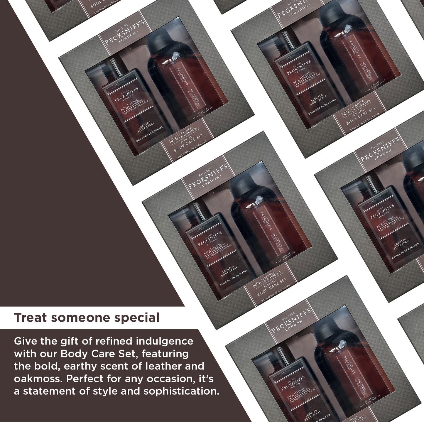 Pecksniff’s Men’s Body Duo Set – Leather & Oakmoss Scented Bath & Shower Gel 250ml & Body Spray 100ml – Luxury Grooming Gift Set for Him