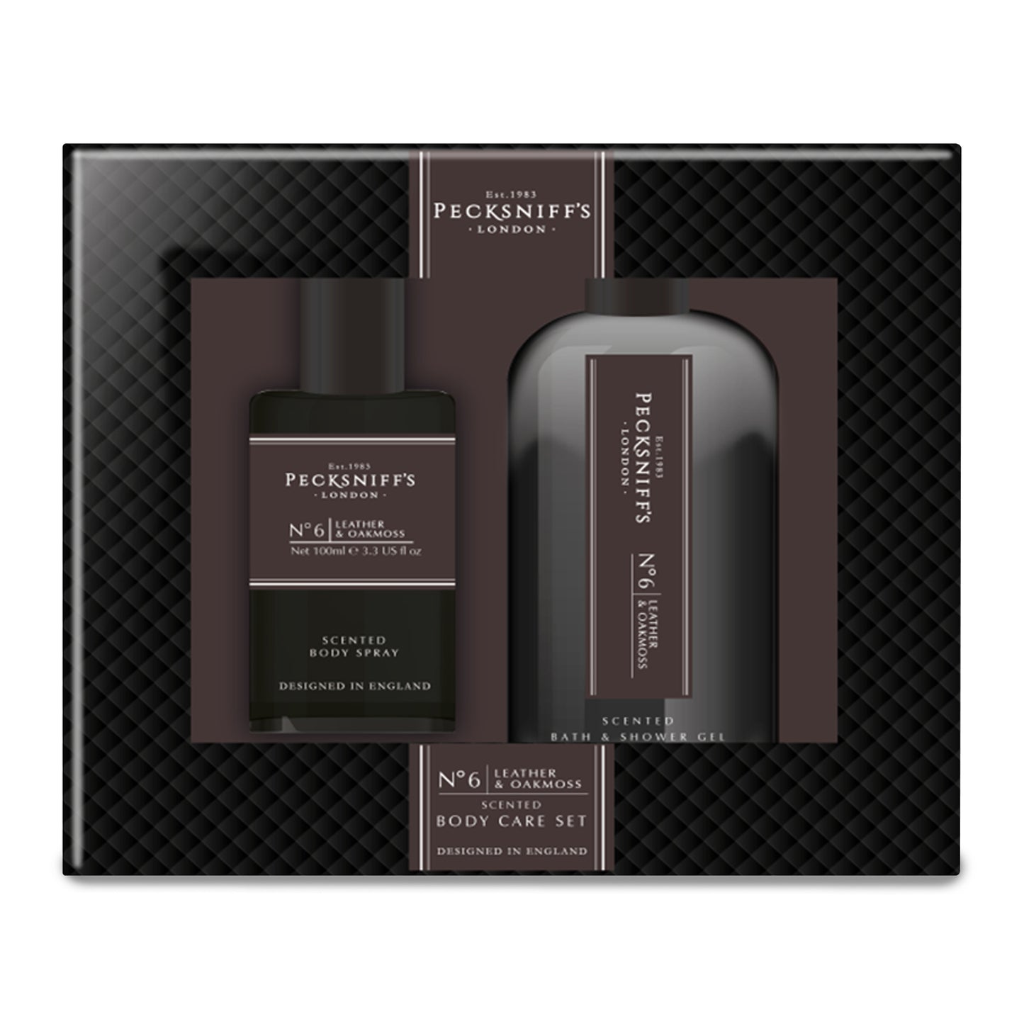 Pecksniff’s Men’s Body Duo Set – Leather & Oakmoss Scented Bath & Shower Gel 250ml & Body Spray 100ml – Luxury Grooming Gift Set for Him