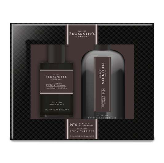 Pecksniff’s Men’s Body Duo Set – Leather & Oakmoss Scented Bath & Shower Gel 250ml & Body Spray 100ml – Luxury Grooming Gift Set for Him
