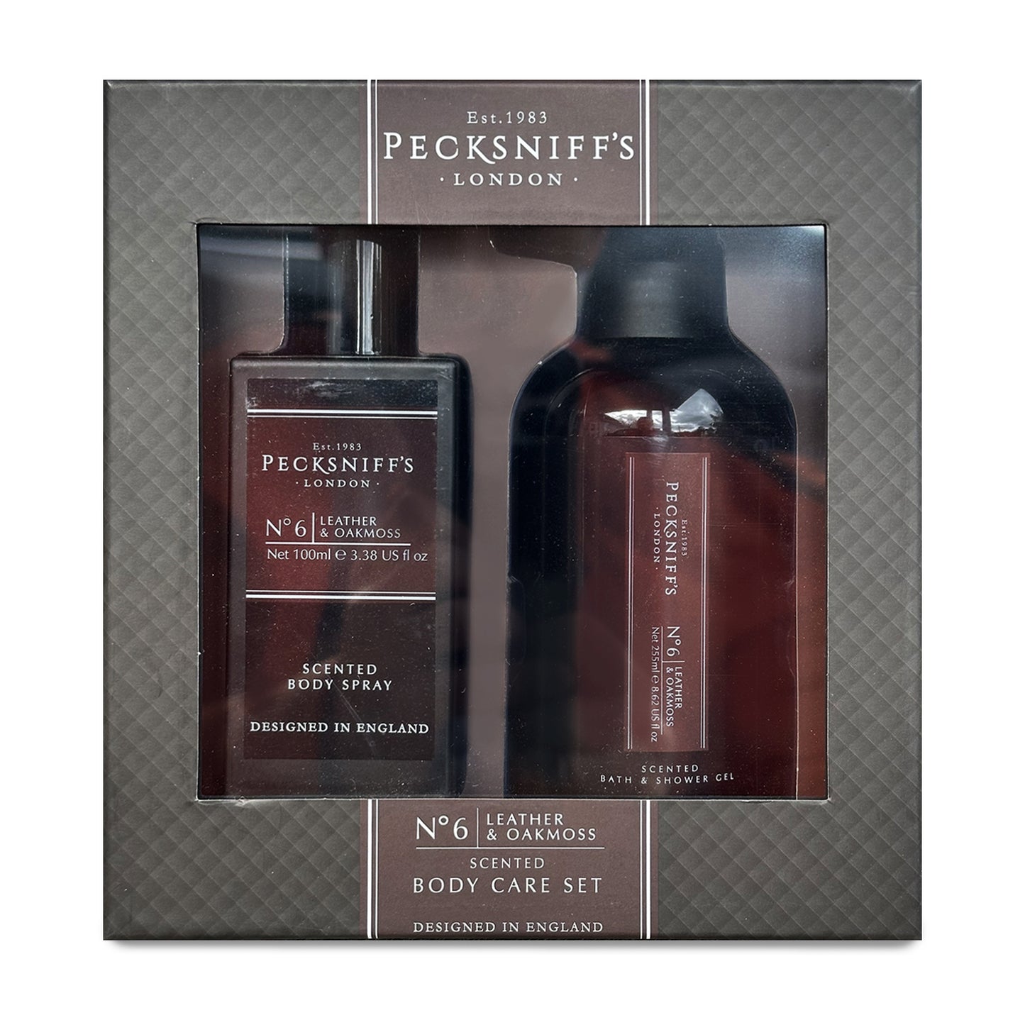 Pecksniff’s Men’s Body Duo Set – Leather & Oakmoss Scented Bath & Shower Gel 250ml & Body Spray 100ml – Luxury Grooming Gift Set for Him