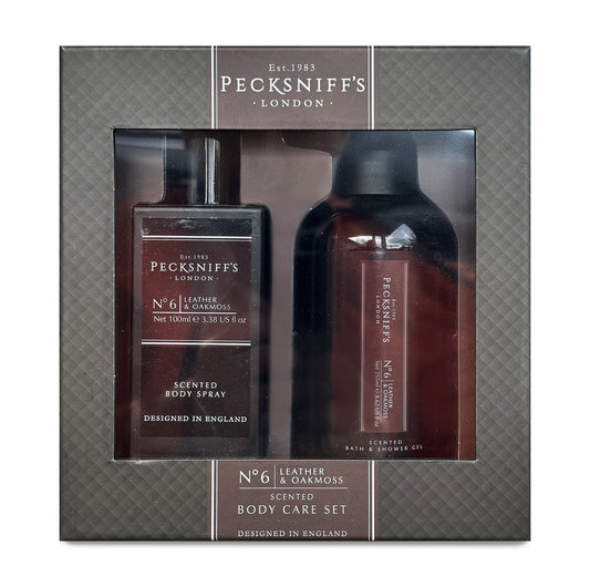 Pecksniff’s Men’s Body Duo Set – Leather & Oakmoss Scented Bath & Shower Gel 250ml & Body Spray 100ml – Luxury Grooming Gift Set for Him