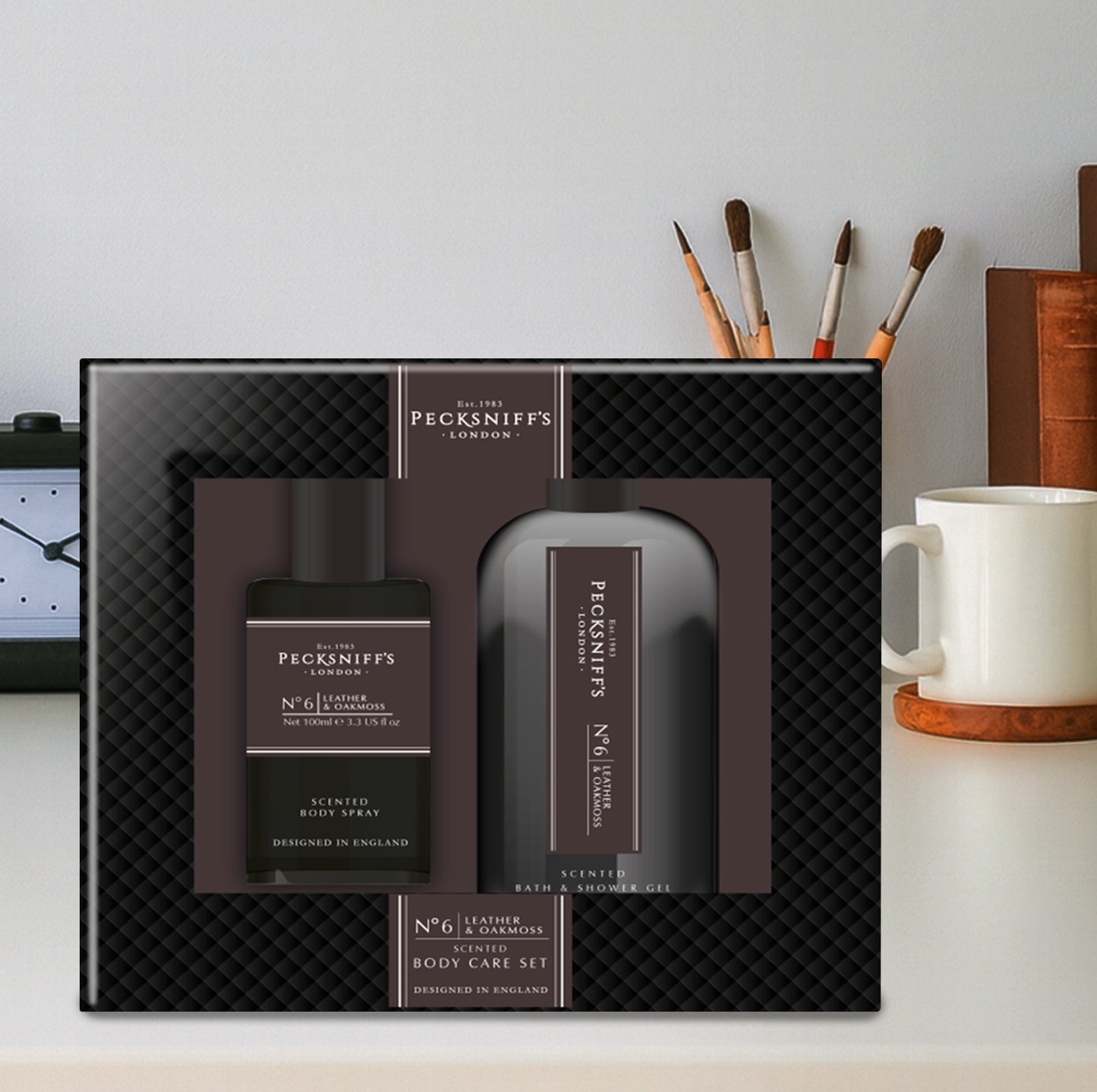 Pecksniff’s Men’s Body Duo Set – Leather & Oakmoss Scented Bath & Shower Gel 250ml & Body Spray 100ml – Luxury Grooming Gift Set for Him