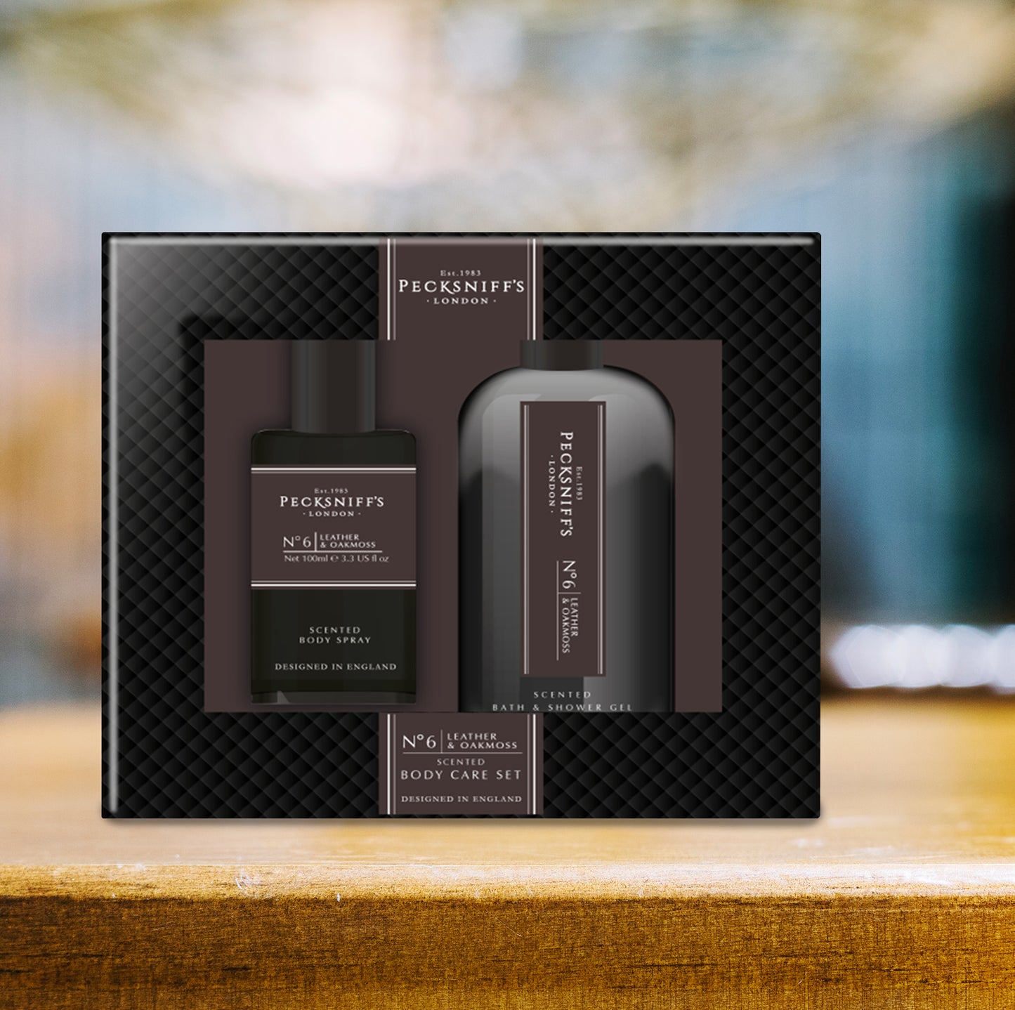 Pecksniff’s Men’s Body Duo Set – Leather & Oakmoss Scented Bath & Shower Gel 250ml & Body Spray 100ml – Luxury Grooming Gift Set for Him