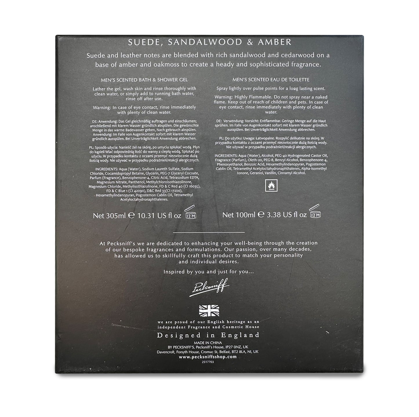 Pecksniff’s Men’s London Edition Fragrance Duo Gift Set – Suede, Sandalwood & Amber, Eau de Toilette 100ml & Bath & Shower Gel 300ml