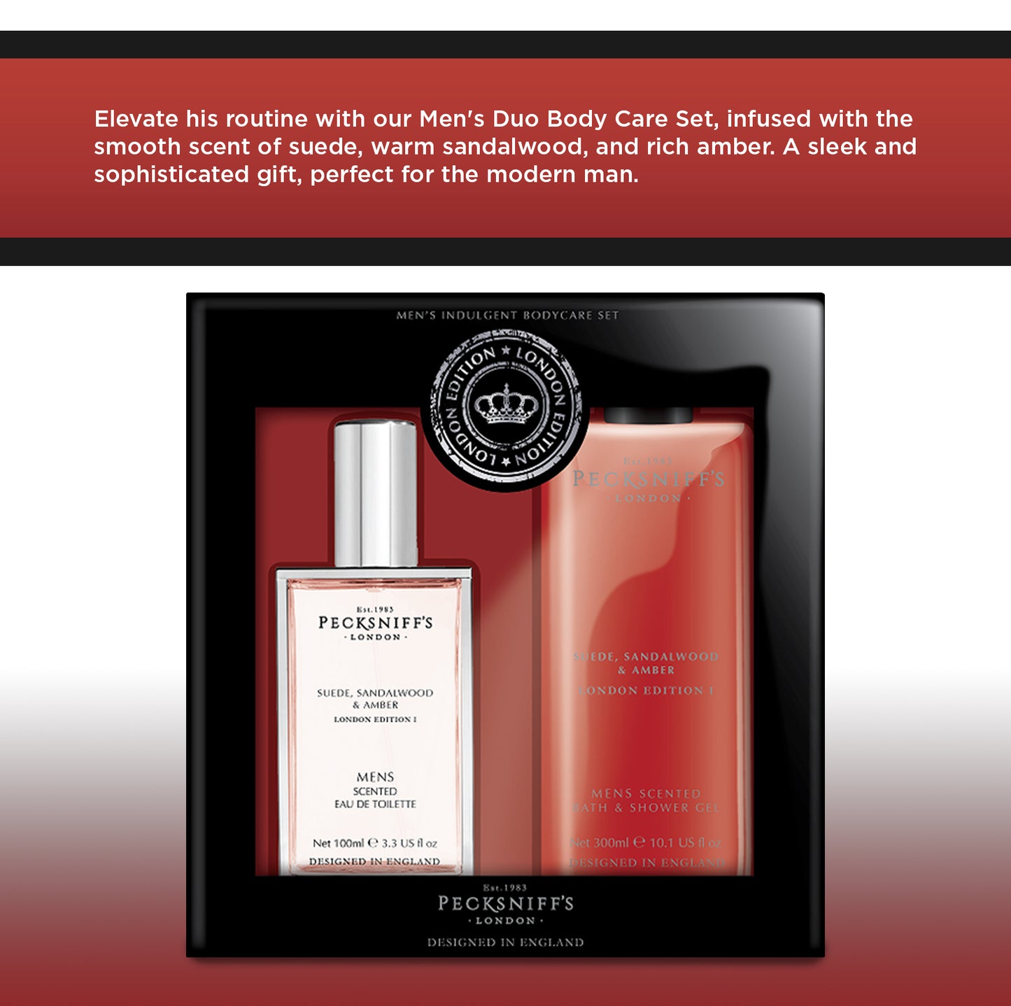 Pecksniff’s Men’s London Edition Fragrance Duo Gift Set – Suede, Sandalwood & Amber, Eau de Toilette 100ml & Bath & Shower Gel 300ml